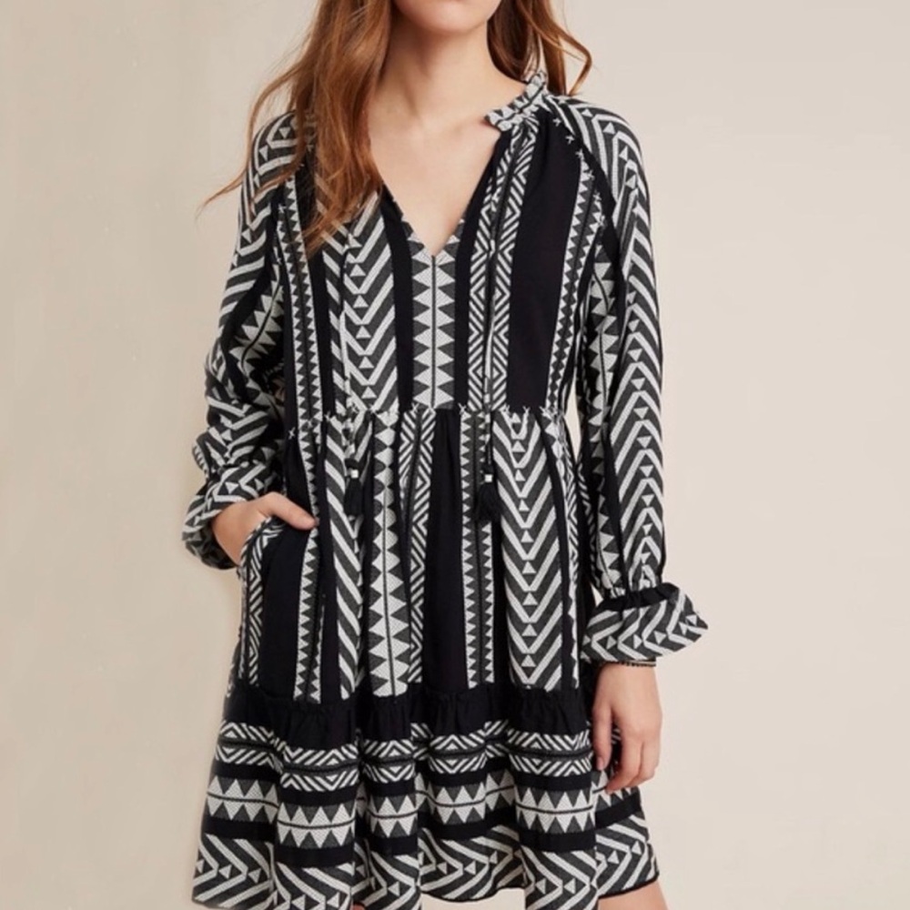 Anthropologie Black and White Geometric Long Sleeve Dress - Picture 2 of 7